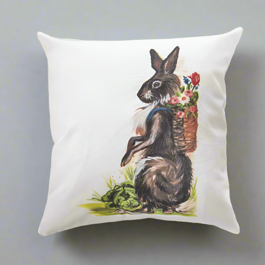 Garden Rabbit with Flower-Filled Backpack | Pillow Cover or Throw Pillow