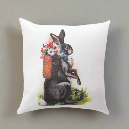 Garden Rabbit with Flower-Filled Backpack | Pillow Cover or Throw Pillow