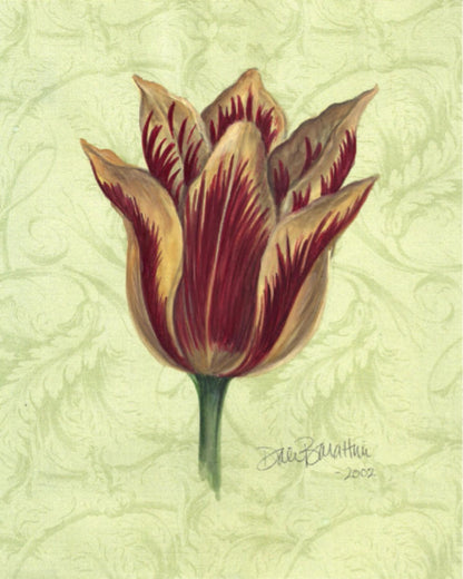 Hand-painted tulip with golden-ochre and red petals on a pale green damask background, ideal for seasonal gift-giving or year-round tabletop display. Signed by the artist, Dale Barattini 2002.