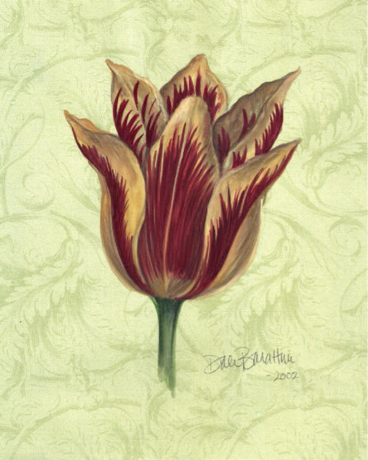 Hand-painted tulip with golden-ochre and red petals on a pale green damask background, ideal for seasonal gift-giving or year-round tabletop display. Signed by the artist, Dale Barattini 2002.