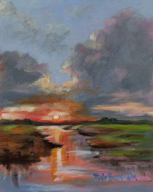 Dramatic marsh sunset painting with fiery sky, glowing sun, bold clouds, and colorful water reflections in a grassy wetland landscape.