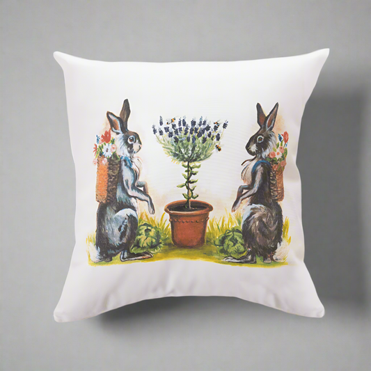 Lavender Garden Rabbits Pillow Cover or Throw Pillow