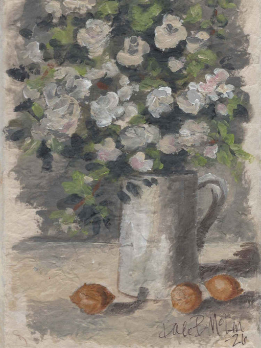 Lemons and White Flowers in Ironstone Pottery Tabletop Art