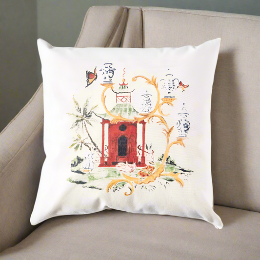 Pagoda with Butterflies Chinoiserie Pillow Cover or Throw Pillow