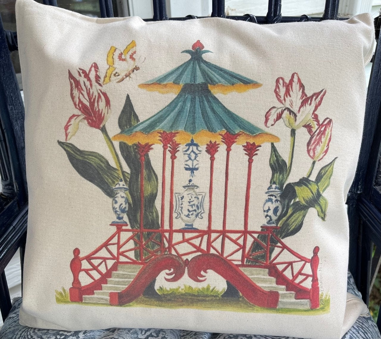 Pagoda with Parrot Tulips Pillow Cover or Throw Pillow