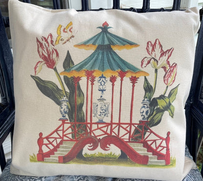 Pagoda with Parrot Tulips Pillow Cover or Throw Pillow