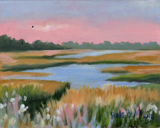 Pastel marsh landscape with soft pink sky, wildflowers, and winding water, printed on canvas for coastal or nature-themed home décor.
