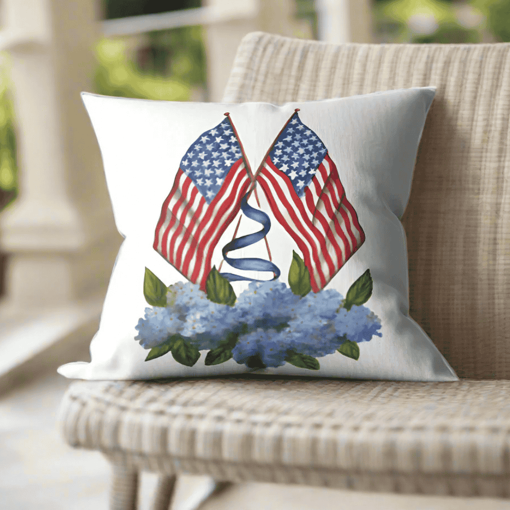 Patriotic Flags with Hydrangeas Pillow Cover or Throw Pillow