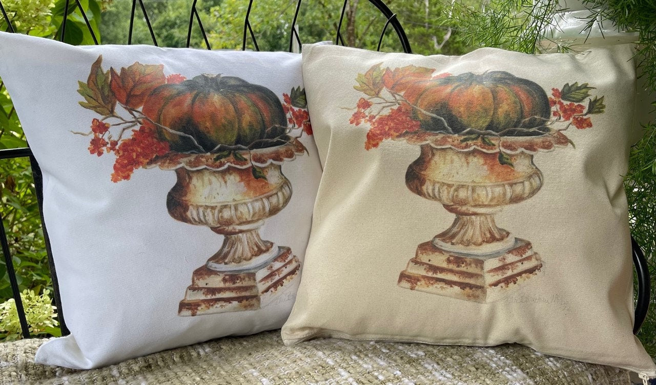 Heirloom Pumpkin in Rustic Urn Pillow Cover or Throw Pillow