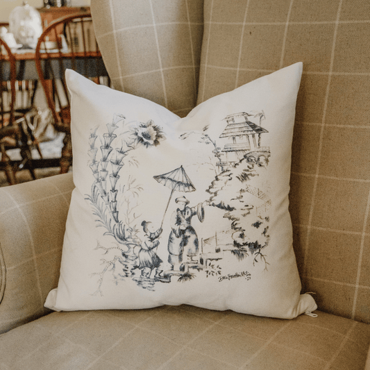 Chinoiserie Scene in Blue Pillow Cover or Throw Pillow