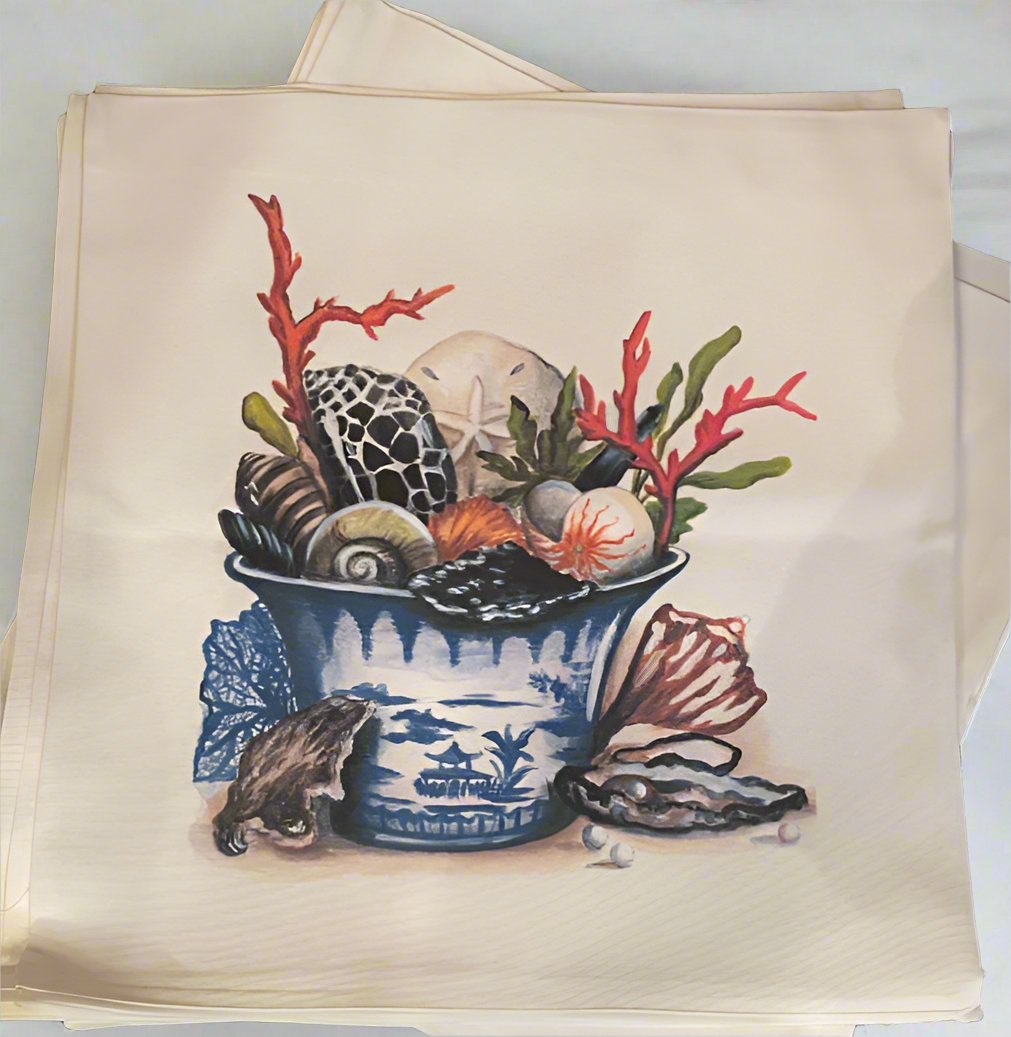 Chinoiserie Pail and Seashells Pillow Cover or Throw Pillow