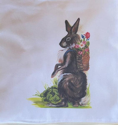 Garden Bunny with Flower-Filled Backpack | Pillow Cover or Throw Pillow