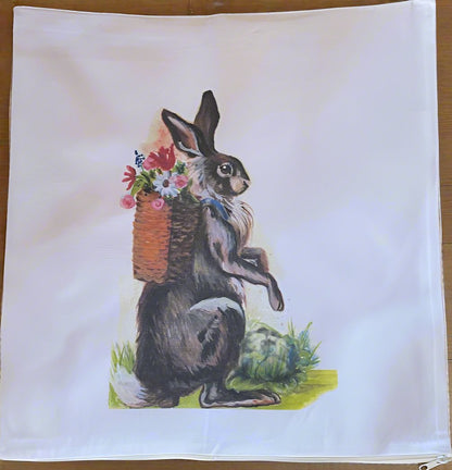 Garden Bunny with Flower-Filled Backpack | Pillow Cover or Throw Pillow