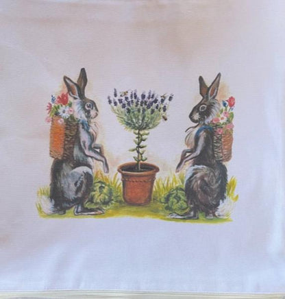 Lavender Garden Rabbits Pillow Cover or Throw Pillow