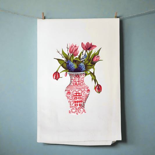 Red Chinoiserie Vase and Flowers Tea Towel