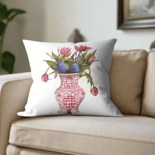 Red Chinoiserie Vase and Flowers Pillow Cover or Throw Pillow