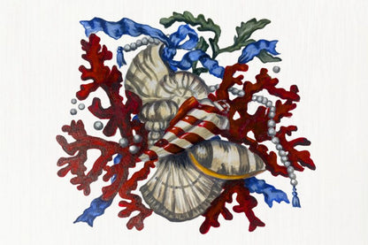 Coastal-inspired rug featuring layered seashells, bold red coral branches, pearl strands, and blue ribbon accents on a white background.