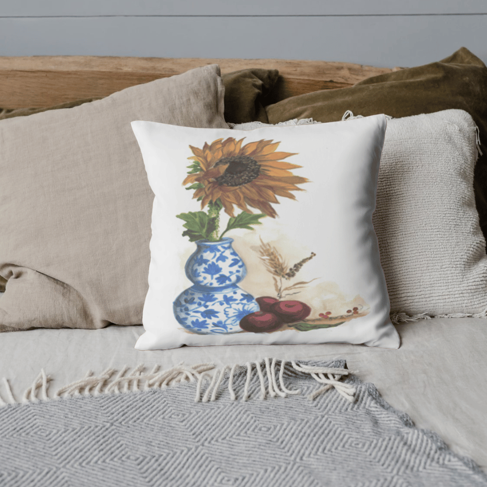 Fall Sunflower and Chinoiserie Vase Pillow Cover or Throw Pillow