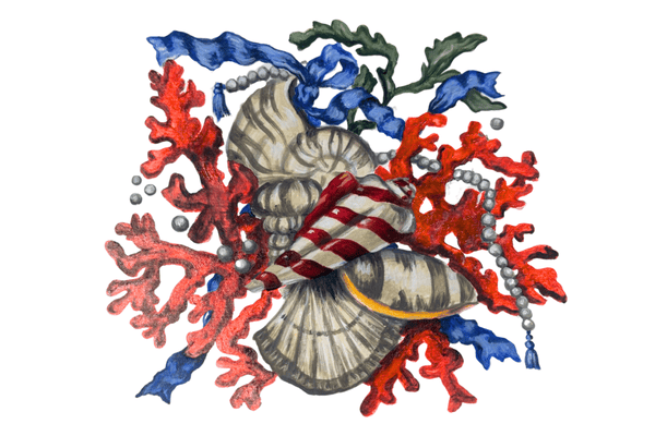 Coastal paper placemat design with layered seashells, warm sunset-coral branches, pearl strands, and blue ribbon accents on a white background.