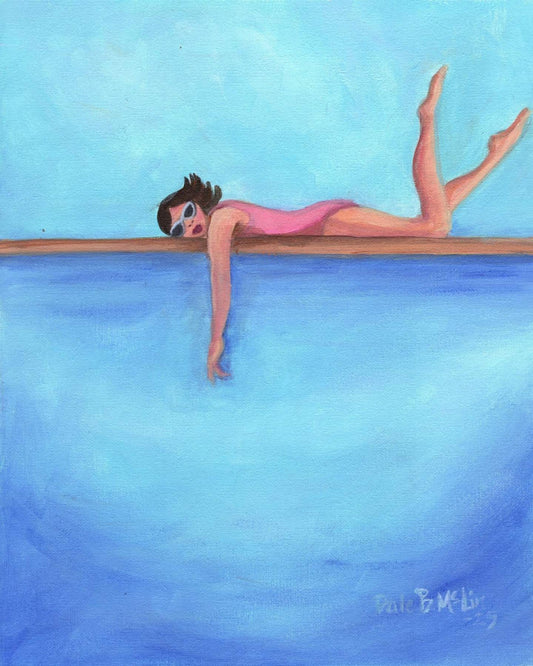 Whimsical painting of a woman in a pink swimsuit lounging face-down on the edge of a pool with her hand in the water, surrounded by blue tones.