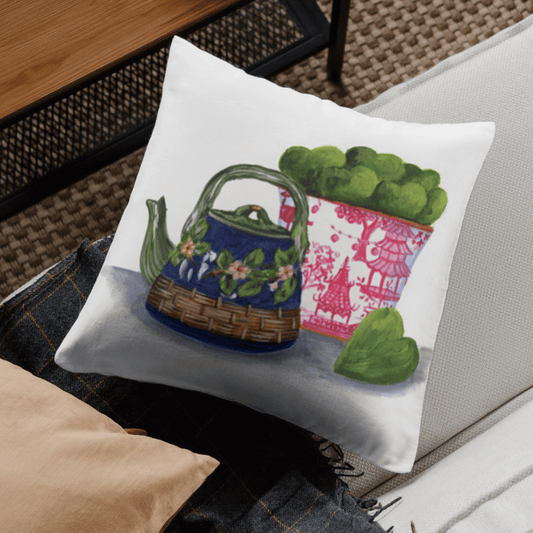 Tea Kettle and Chinoiserie Pail Pillow Cover or Throw Pillow