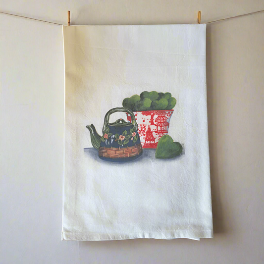 Tea Kettle and Chinoiserie Pail Tea Towel