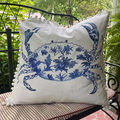 blue and white chinoiserie crab hand-painted throw pillow with white pom pom trim
