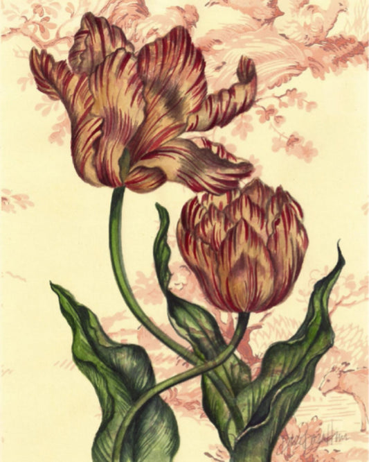 Tabletop art print of two heirloom parrot tulips in golden and burgundy tones with a vintage toile background.