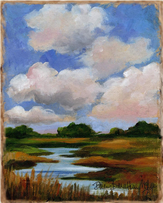 Pastel marsh painting with soft clouds, coastal landscape, blue sky, and water reflections—serene art for nature-inspired or coastal home décor.