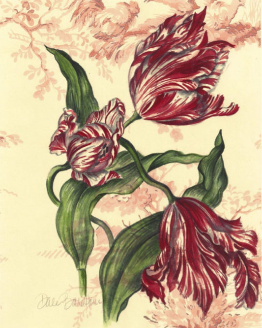 Tabletop art print of crimson and ivory parrot tulips with ruffled petals, set against a soft toile-style background.