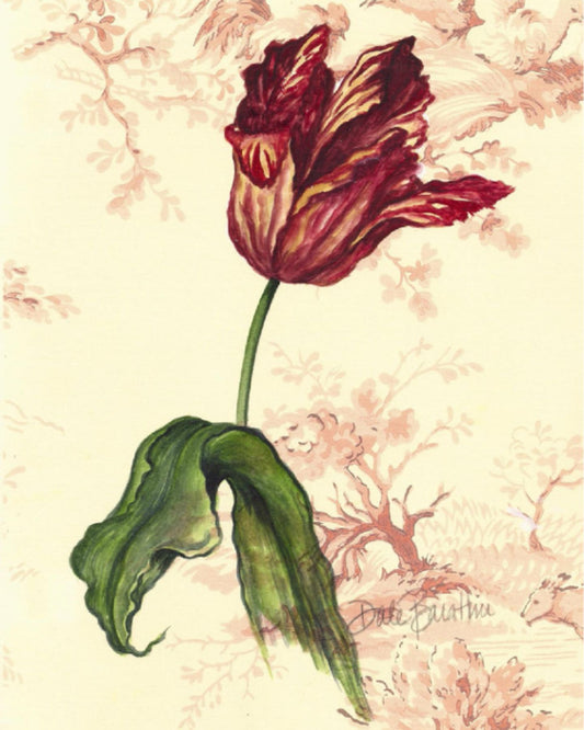 Botanical illustration of a fully open parrot tulip in deep red and gold tones with curled green leaves, on a pale toile backdrop with soft floral and pastoral details.
