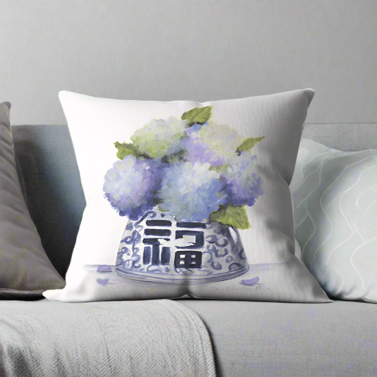 Blue Hydrangeas in Chinoiserie Happy Jar Pillow Cover or Throw Pillow