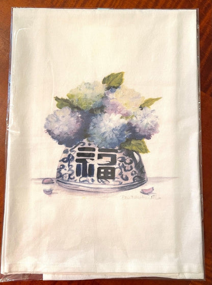 Blue Hydrangeas in Chinoiserie Happy Jar Tea Towel