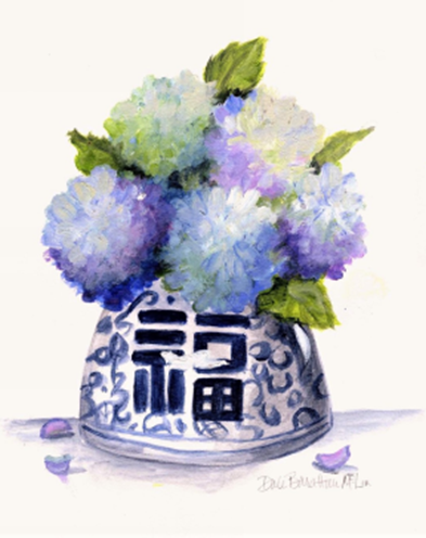 Blue Hydrangeas in Chinoiserie Happy Jar Tea Towel