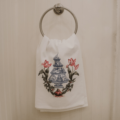 Holiday Chinoiserie Tree and Tulips Tea Towel