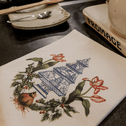 Holiday Chinoiserie Tree and Tulips Tea Towel