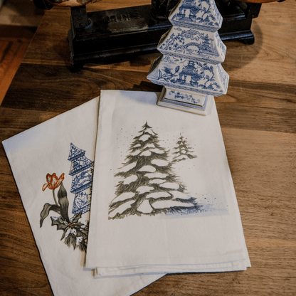 Snowy Evergreen Trees Tea Towel