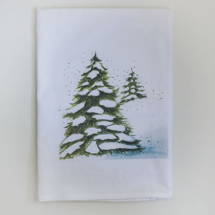 Snowy Evergreen Trees Tea Towel