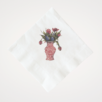 Red Chinoiserie Vase with Parrot Tulips | Pack of 20 Paper Beverage Napkins or Guest Towels