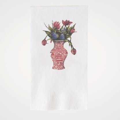 Red Chinoiserie Vase with Parrot Tulips | Pack of 20 Paper Beverage Napkins or Guest Towels