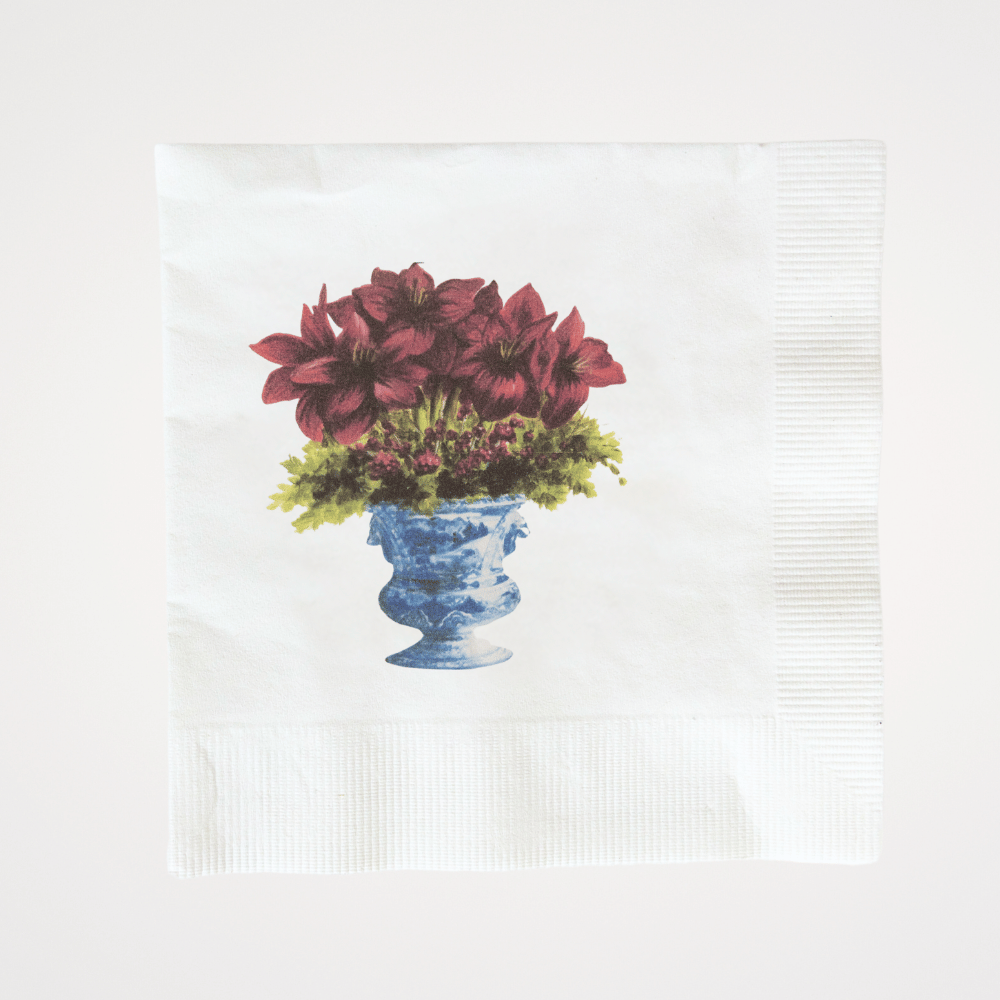 Amaryllis in Chinoiserie Urn | Pack of 20 Paper Beverage Napkins or Guest Towels