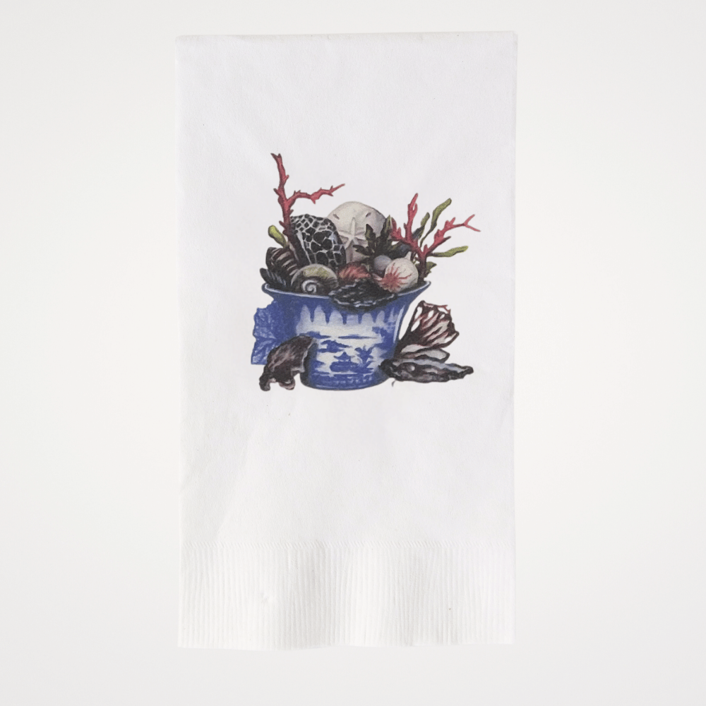 Chinoiserie Pail with Seashells | Pack of 20 Paper Beverage Napkins or Guest Towels