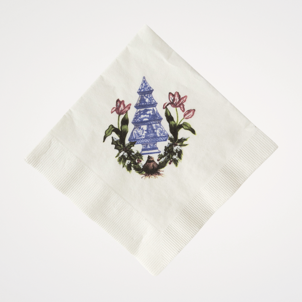 Holiday Chinoiserie Tree and Tulips | Pack of 20 Paper Beverage Napkins or Guest Towels