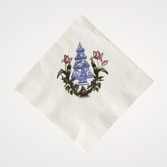 Holiday Chinoiserie Tree and Tulips | Pack of 20 Paper Beverage Napkins or Guest Towels