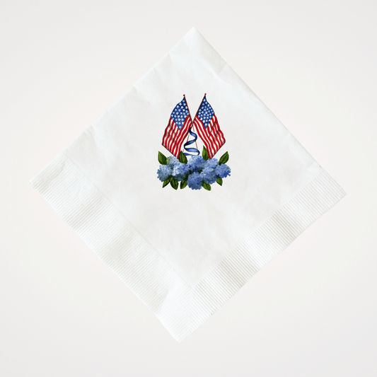 Patriotic Flags with Hydrangeas | Pack of 20 Paper Beverage Napkins or Guest Towels