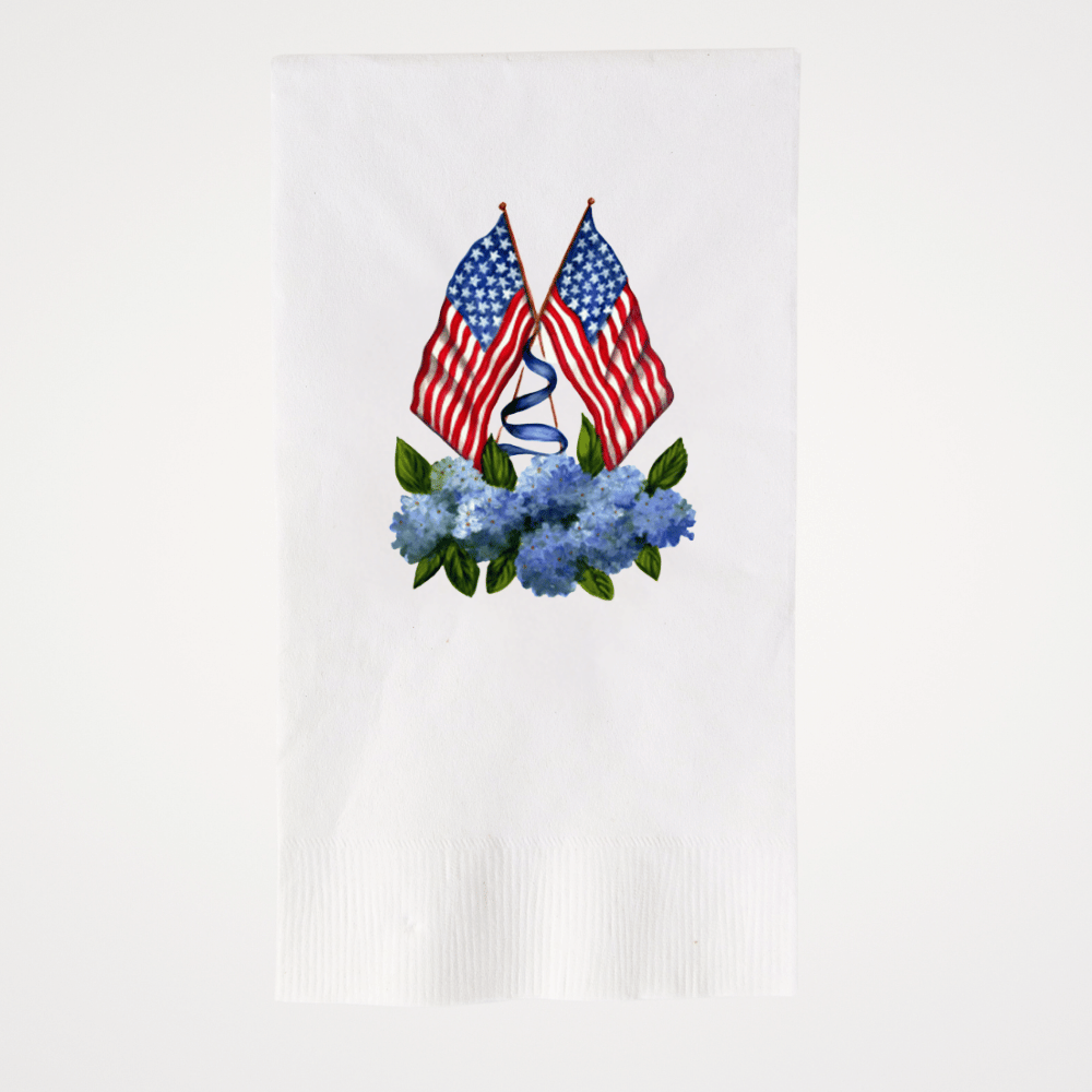 Patriotic Flags with Hydrangeas | Pack of 20 Paper Beverage Napkins or Guest Towels