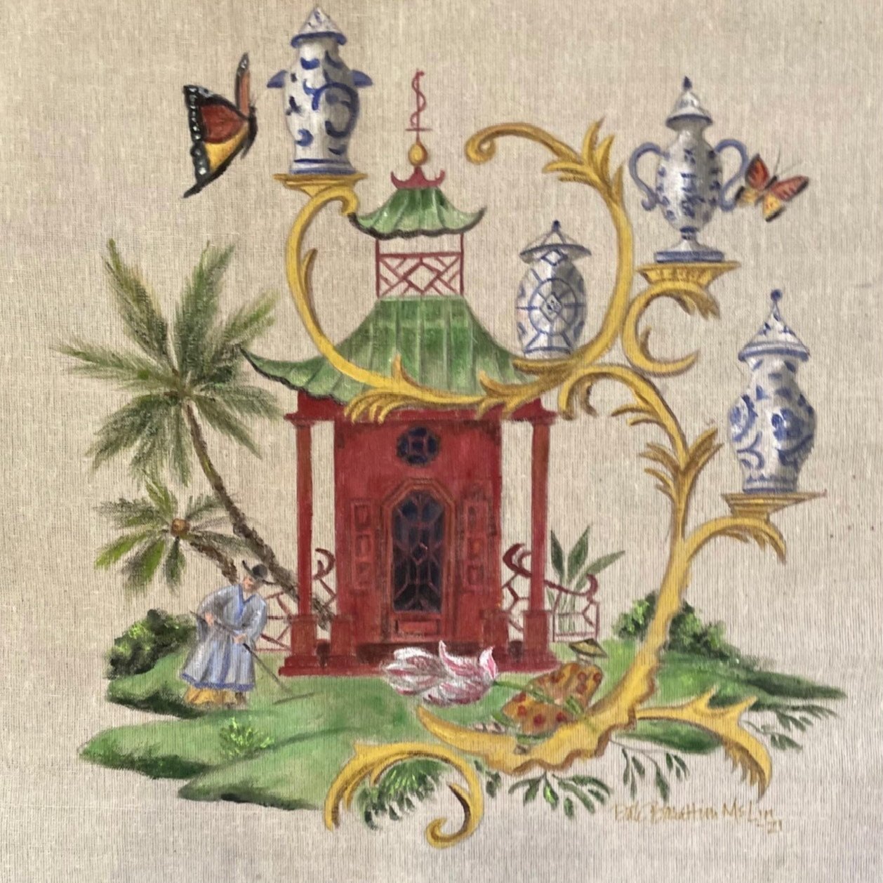 Pagoda with Butterflies Chinoiserie Tea Towel