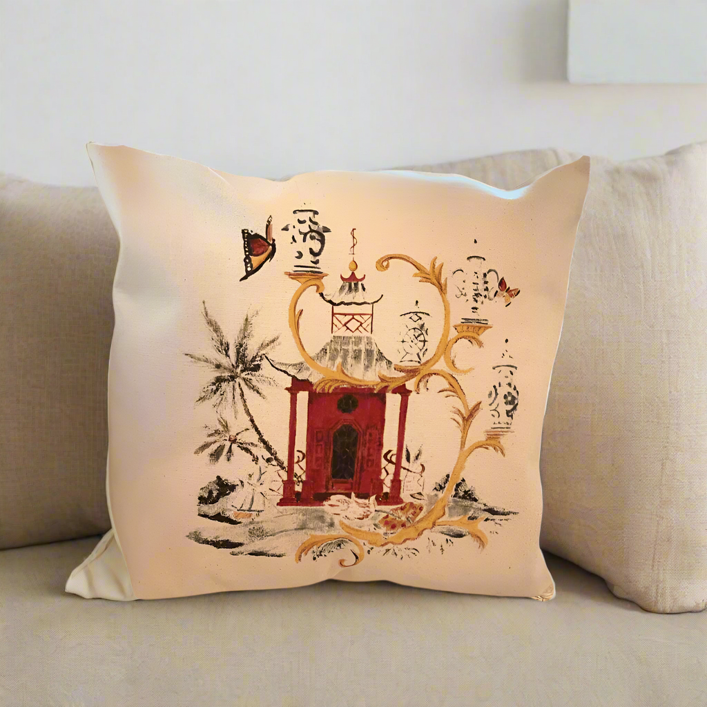 Pagoda with Butterflies Chinoiserie Pillow Cover or Throw Pillow