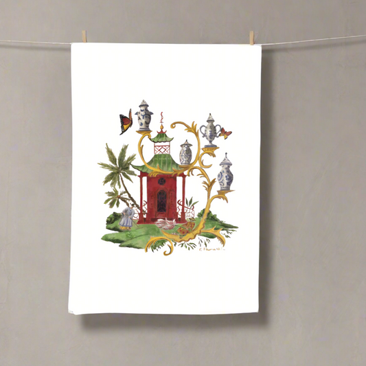 Pagoda with Butterflies Chinoiserie Tea Towel