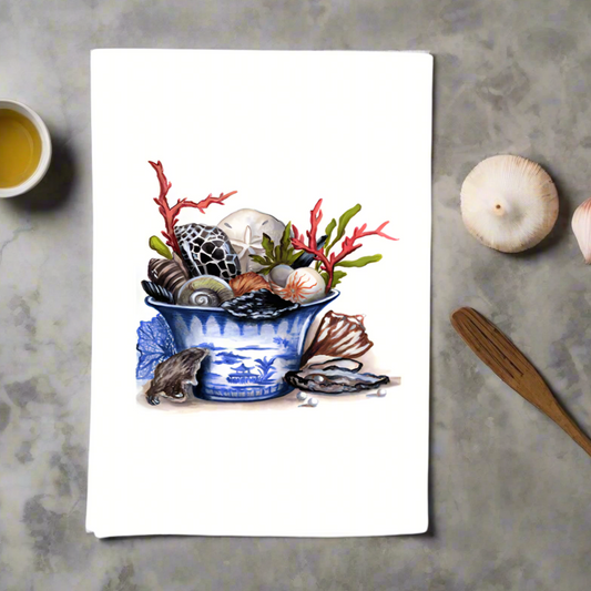 Chinoiserie Pail and Seashells Tea Towel